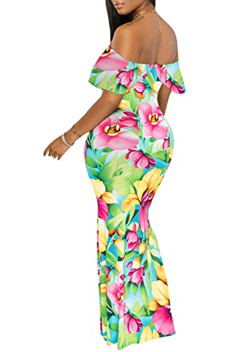 Women's Off Shoulder Maxi Dress Sexy Hawaiian Floral Long Party Dresses2
