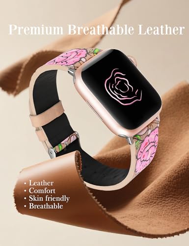 Moolia Floral Leather Band Compatible with Apple Watch Band 49/46/45/44/42mm Women, Romantic Vintage Rose Pattern Strap for iWatch Series 11 10 9 8 7 6 5 4 3 2 1 SE/Ultra(1/2/3), Starlight/Baby Pink — view 3