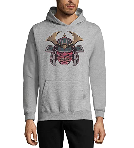 Sweat à capuche Samurai Oni gris en coton mélangé pour homme et femme style japonais streetwear