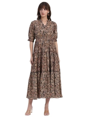Image of Women's Fit and Flare Dress I Pure Cotton Long Summer Maxi Dress I V-Neck I Casual Wear I Printed Kalamkari Floral Middi