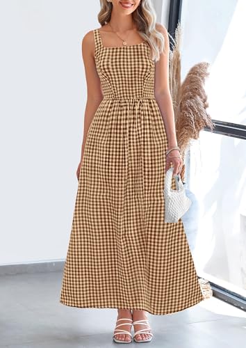 PRETTYGARDEN Women's 2025 Summer Spaghetti Strap Maxi Dresses Plaid Square Neck A Line Casual Beach Vacation Long Sundress3