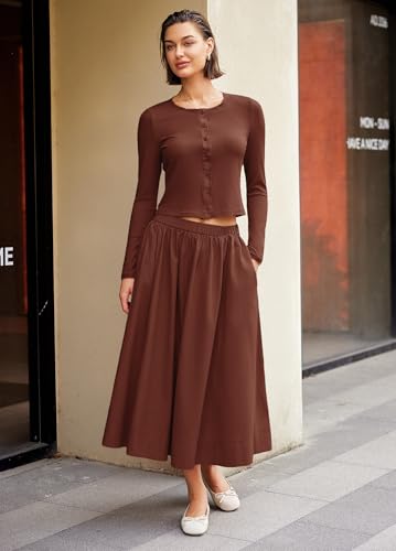 Image of Panadila Womens 2 Piece Lounge Sets Matching Vacation Outfits Ribbed Button Down Cardigan and Elastic Waist Skirt Sets