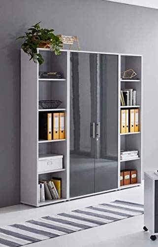 Office Edition abschliessbarer Aktenschrank Büroschrank Schrankwand Hochglanz Lichtgrau Anthrazit Set 3 hoch