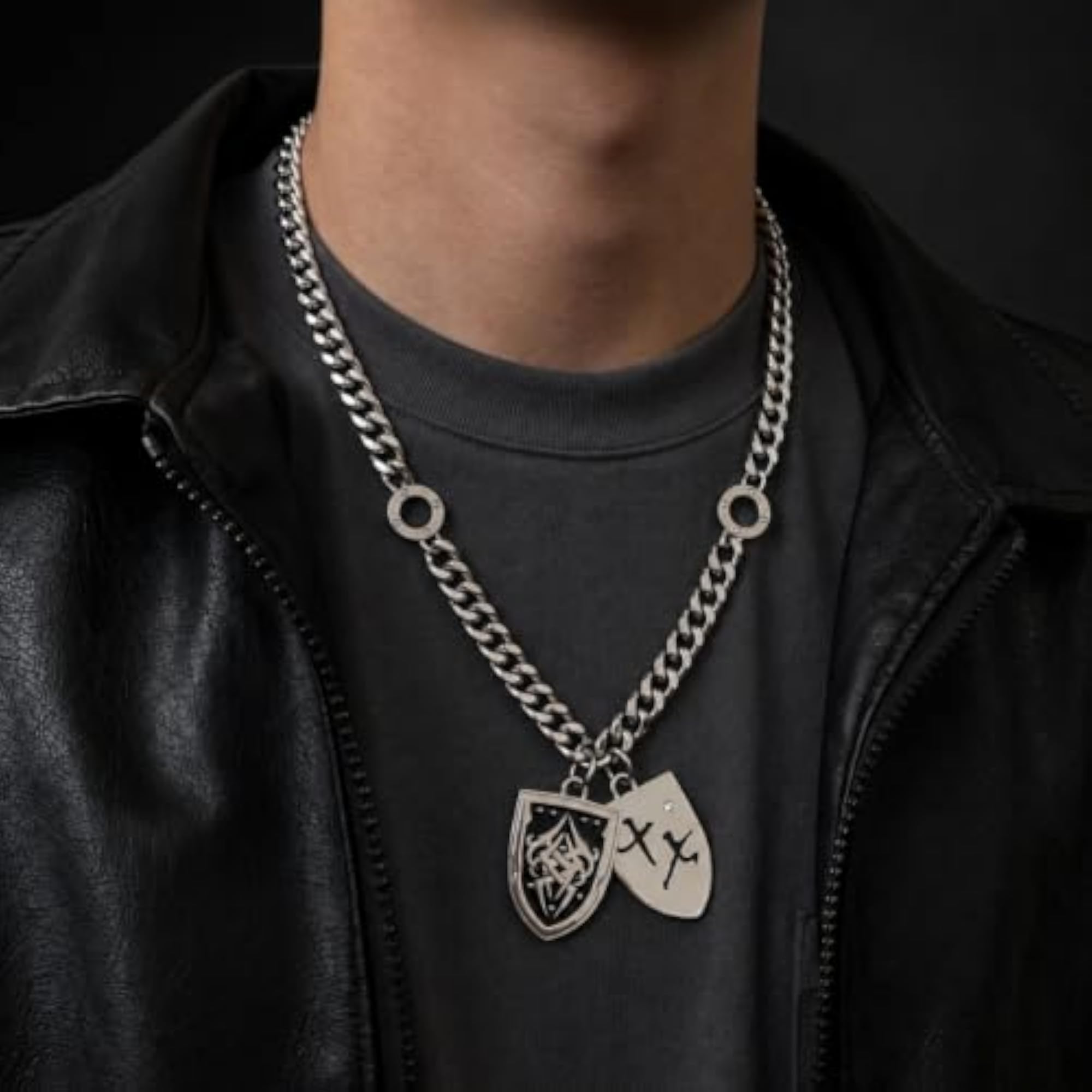 Men's TWIN CREST Titanium Steel Pendant with Cuban Link Chain