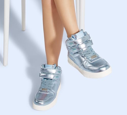 Image of LUCKY STEP Women High Top Fashion Sneakers Ankle Boots | Basketball Walking Tennis Shoes Platform Hook and Loop Faux Leather Sneaker