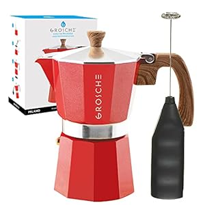 GROSCHE Milano Stove top espresso maker 6 espresso cup size 93 oz Red and battery operated milk frother bundle for lattes