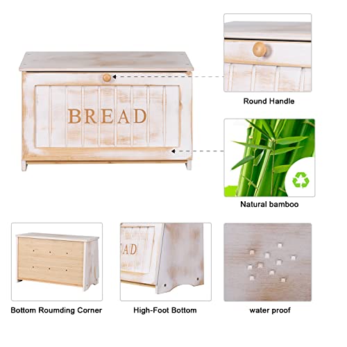 Homekoko Vintage Large Wood Bread Box For Kitchen Counter, Retro Design Single Layer Bamboo Large Capacity Food Storage Bin (White) #TOP4