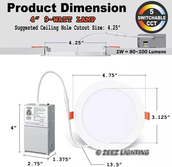 ZEEZ 2 Pack LED Recessed Lighting 4 Inch, 9W 780LM High Brightness Dimmable Ceiling Light Fixture, Selectable 5CCT 2700K/3000K/3500K/4000K/5000K, Ultra-Thin Canless Wafer Downlight w/Junction Box