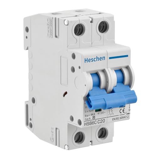 Heschen Miniature Circuit Breaker HSB6C, 20Amp Current, 2 Pole, Type C, 6kA Breaking Capacity, DIN Rail Mounting