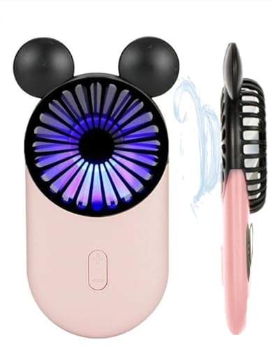 Generic Cute Mouse Personal Mini Fan Handheld USB Rechargeable Fan with Pretty LED Light 3 Adjustable Speeds with Portable Holder for Indoor Or Outdoor Park School Pink