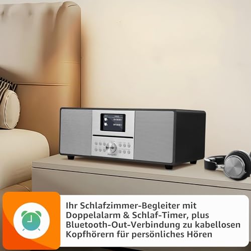 MangoKit MS4+ CD Player DAB Radio HiFi System I Bluetooth I Stereoanlage Kompaktanlage I Akustisches Holzgehäuse I CD Player mit Lautsprechern I 40 Presets,Kopfhöreranschluss I Metallisch Schwarz