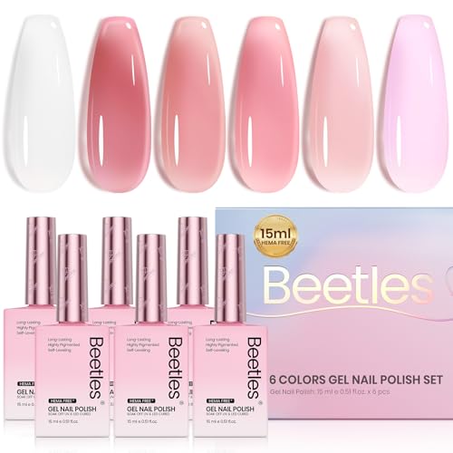 Image of Beetles Nude Gel Polish Set - 6 Colors HEMA-Free Summer 15ML Full Size Jelly Gel Polish Neutral Nude Pink Milky White Sheer Translucent Effect Full Size Soak Off UV Salon Colorful Bottle Gel Gifts