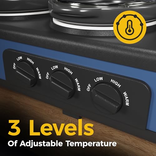 SUNVIVI Triple Slow Cooker, Buffet Food Warmer with 3 x 1.5 QT Removable Ceramic Pots, Buffet Servers and Warmers with Glass Lids and 3 Spoons, Stainless Steel, Blue