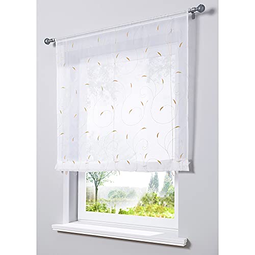 Smithoom Raffrollo Voile mit Blättern Bestickt Raffgardinen Gardinen für Küche Schlafzimmer Wohnzimmer Balkon Badezimmer Waschküche Hellbraun 120x140cm Cover