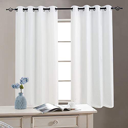 Lazzzy White Curtains for Kitchen Small Window Drapes 54 Inches Length Waffle Woven Textured Curtain Panels Grommet Top 1 Pair
