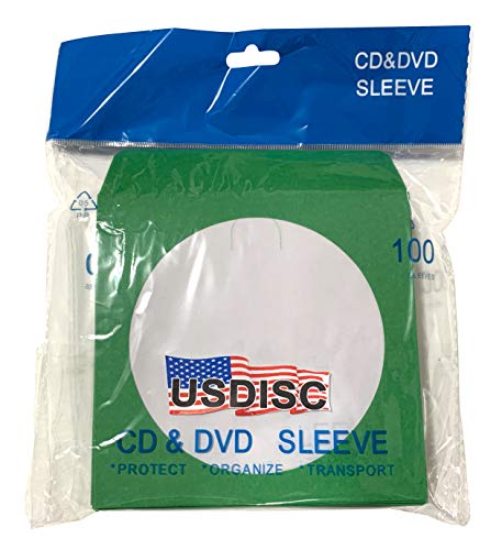 USDISC Paper Sleeves 100g Window, Flap, Green, Pack of 100
