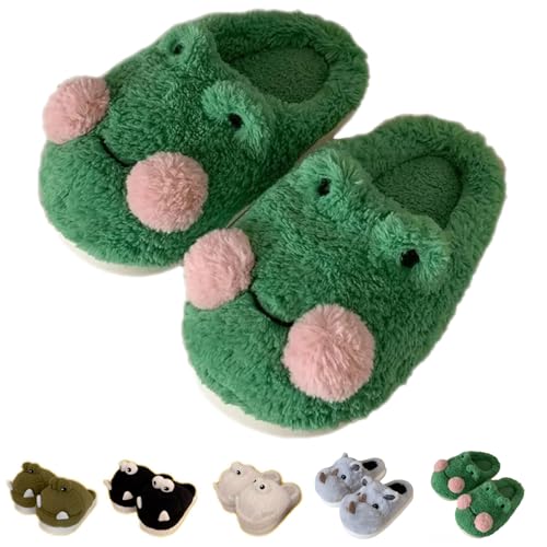 Schnappi Crocodile Slippers, Women's Fuzzy Crocodile Slipper Memory Foam Slippers, Cute Cartoon Animal Slides Winter Warm Cotton House Shoes (Frog,7.5-8 Women/5.5-6 Men)