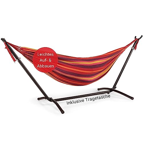WOMA Hängematte für 2 Personen mit Gestell in Rot Gelb Orange für bis zu 180 kg I Wetterfeste Doppelhängematte Indoor & Outdoor I Stabile Hängematte XXL aus Baumwolle für Balkon & Garten