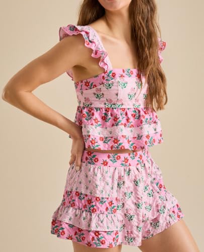 Image of ROAONOCOMO Women Summer Floral Pajama Set Ruffle Trim Cami Top Coquette Pj Set Gingham Babydoll 2 Piece Shorts Outfit