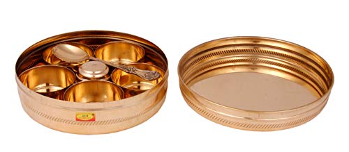 Shiv Shakti Arts® Pure Pital | Brass Masala (Spice) Box/Dabba/Organiser Set with 7 Containers and Spoon (Big)