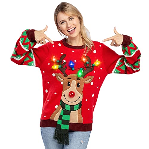 Suéter feminino de Natal com rena e luzes LED embutidas, Vermelho, Medium
