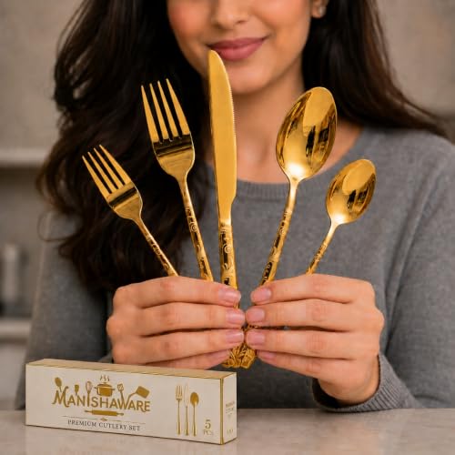 Image of Floral Gold 5 Pcs Stainless Steel Cutlery Set for Dining Table, Dishwasher Safe Glossy Flatware (1 Spoon Set+1 Forks Set+1 Butter Knife+1 Dessert Spoon+ 1 FruitFork)