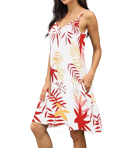 Image of Women's Summer Spaghetti Strap Casual Swing Tank Beach Cover Up Dress with Pockets