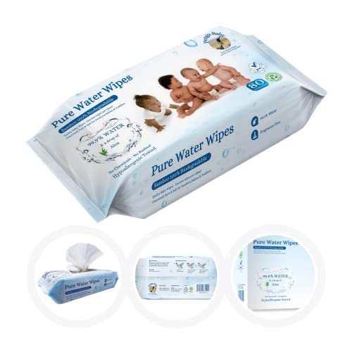 Pengu Baby Biodegradable, Compostable Baby Wipes, Bamboo Based, 99.9% Pure Water Wipes with a Drop of Aloe, Unscented & Hypoallergenic for Sensitive Skin, 480 Counts (6 Packs)