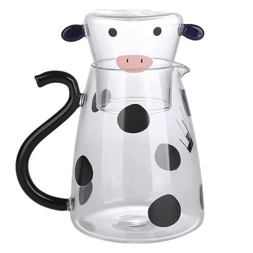 Jarra De Vidrio Con Diseño De Vaca - 1800 Ml Y Vaso, Borosilicato, Para Bebidas Calientes Y Frías