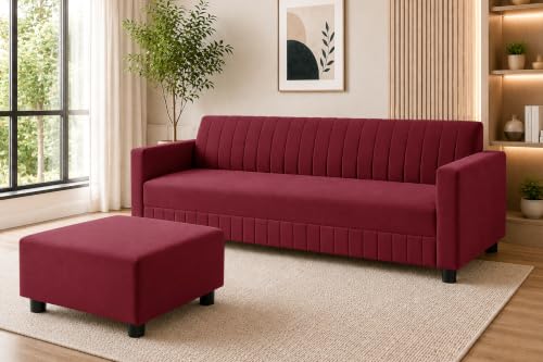 Image of 3 Seater Velvet Sofa with Ottoman | Modern Upholstered Couch | Comfortable Living Room Sofa | Durable & Stylish Seating for Home, Office & Guest Room - Red Color