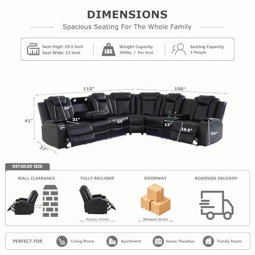 Image of Power Recliner Sectional Sofa, L-Shaped Living Room Furniture Set, Reclining Sectional Couch with Storage Console /Cup Holder for Living Room /House /Apt (Black-1, 5 Seater)