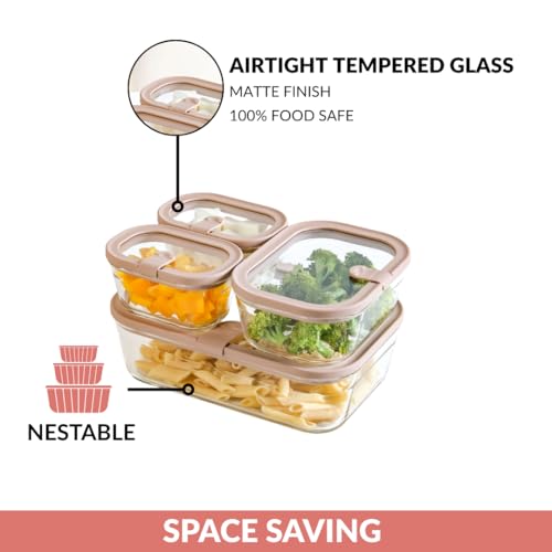 Image of Nestasia Vento Glass Containers with Lid Set of 4 (370ml x 2, 930ml x 1, 2500ml x 1) - Microwave, Refrigerator & Dishwasher Safe Containers with Air Vent Lid for Fridge Storage (Beige)