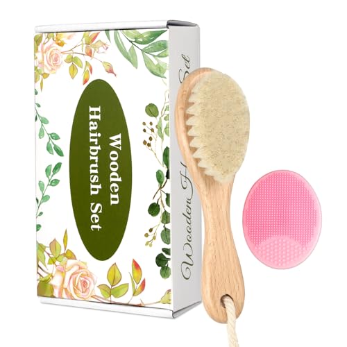 Baby Wooden Brush and Comb Set, Set of 2 Natural Goat Hair Brush with Cradle Cap Comb for Newborns Toddlers Newborn Boys Girls (Pink)