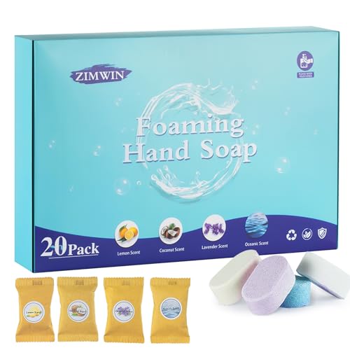 Zimwin 20 Pack Foaming Hand Soap Tablet Refills 4 Scent 12g Big Tablets Makes 240 fl oz Soap Total Eco Friendly Hand Wash Tablets Lemon Coconut Oceanic Lavender Fragrance