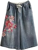 Pantalon court en denim à la mode pour femmes avec poches, pantalon culotte en denim à jambes larges pour femmes avec taille élastique, facile à associer avec des débardeurs, des t-shirts, des chemisiers en lin, des chemises boutonnées pour un look de rue.
