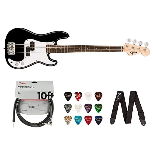 Squier by Fender Mini Precision Bass (Laurel, Black) Bundle with 10ft Cable, 12-Pack Picks, and 2" Guitar Straps