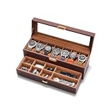 sensok Watch Case Box for Men - 7 SLots Watches Storage Organizer Real-Glass Display Case with Jewelry Drawer 2-Layer PU Leather Collection Holder Gift for Loved Ones Brown