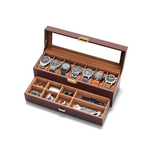 sensok Watch Case Box for Men - 7 SLots Watches Storage Organizer Real-Glass Display Case with Jewelry Drawer 2-Layer PU Leather Collection Holder Gift for Loved Ones Brown
