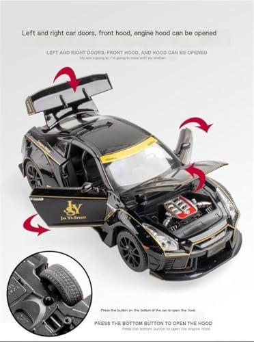 Image of 1:24 Scale Niss-aan Skyline Ares GTR R-35 Model Alloy Metal Pull Back Toy car for Kids with Openable Doors & Light, Music Toy Vehicle for Kids (Nissaan Skyline Ares GTR R-35 (Black))