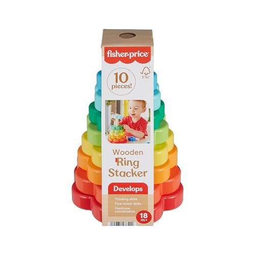 Fisher-Price Wood Toddler Toy Ring Stacker, 10-Piece Wooden Stacking Activity for Fine Motor Skills Play Kids Ages 18+ Months, HXT77