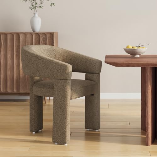 Image of MALOL Wooden Dining Chairs Set of 1, Fabric Accent Chairs with Armrest, Comfy Round Upholstered Arm Chair with 3 Legs, Kitchen Chairs for Dining Room, Living Room, Camel