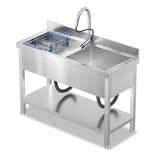 Image of 46.9Inch Stainless Steel Utility Sink 2-Compartment Commercial Sink with Pull-out Faucet, Free Standing Double Bowl Kitchen Sink for Restaurant, Garage, Shop, Cafe