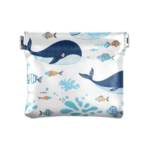 Cute Blue Whales Coin Purse Leather Pouch Change Purse, Squeeze Coin Pouch for Cards, Keys & Lipsticks, Unisex