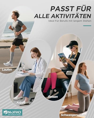 Niofind Kompressionsstrümpfe Damen & Herren, 2 Paar Kniestrümpfe & Stützstrümpfe aus 65% Baumwolle, Reisestrümpfe für Sport, Arbeit, Flug & Schwangerschaft