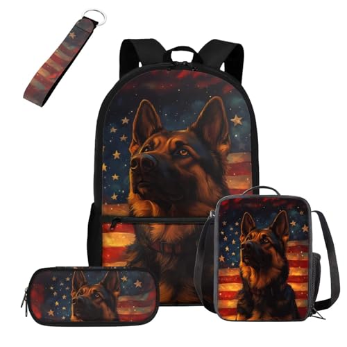 Cozeyat American German Shepherd Backpack for Boys 8-12 with Lunch Box Lightweight Teen Bookbag for Boys Ages 12-14 Large Capacity Boys School Bag Set 4 in 1 Children Casual Daypack Rucksack