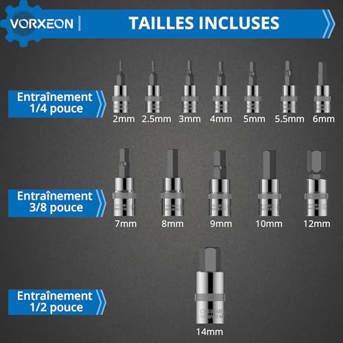 VORXEON 13Pcs Jeu de Douilles Allen 1/2 3/8 1/4 Douille à six pans 2mm à 14mm Set de embouts mâle à 6 pans en CRV Douille hex Douilles à embouts intérieurs métriques avec coffret de rangement – vue 2