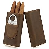 Ringsun Genuine Leather Cigar Traveling Cases - 3 Finger Cigar Case Travel Cigar Holders for Men Cigar Humidor Accessories with Cedar Wood Lining & Stainless Steel Cigar Cutter (Dark Brown)