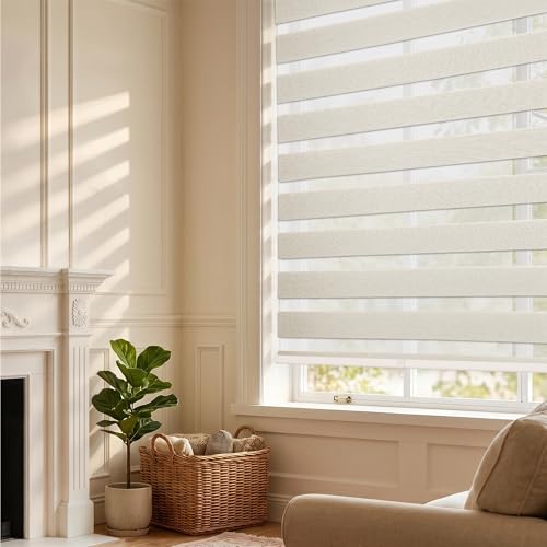 HESTIA Cordless Light Filtering Zebra Shades for Windows, Day Night Dual-Layer Linen-Look Woven Fabric Roller Shades, Privacy Light Control for Living Room/Home Office, Cream, 63" W x 72" H