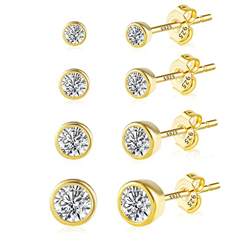 ASH'S CHOICE Gold Stud Earrings for Women, 4 Pairs Small Mini Set, 925 SterlingSilver 14K Goldplated Studs, Round Ball Zirconia Crystal Rhineston Girls