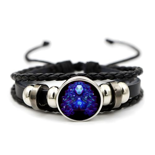 Dtexhif Zodiac Signs Spirit Bracelet for Women Men Adjustable 12 Constellation Bracelets Bracelet Multilayer Zodiac Black Leather Bracelets Zodiac Sign Wrap Bracelet Birthday Jewelry(Virgo)